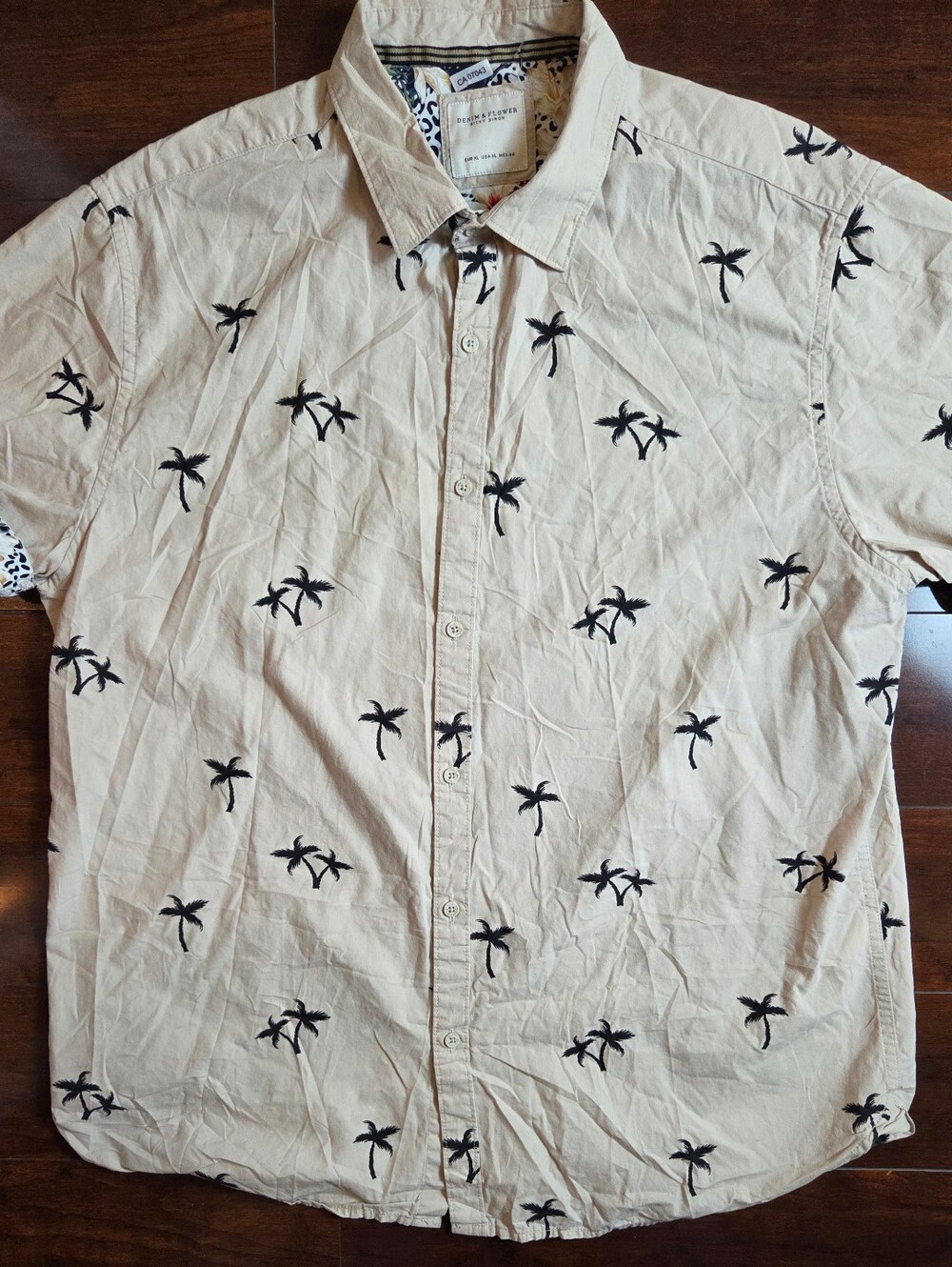 Denim & Flower Casual Palm-Print Short Sleeve Shirt - Beige/Black